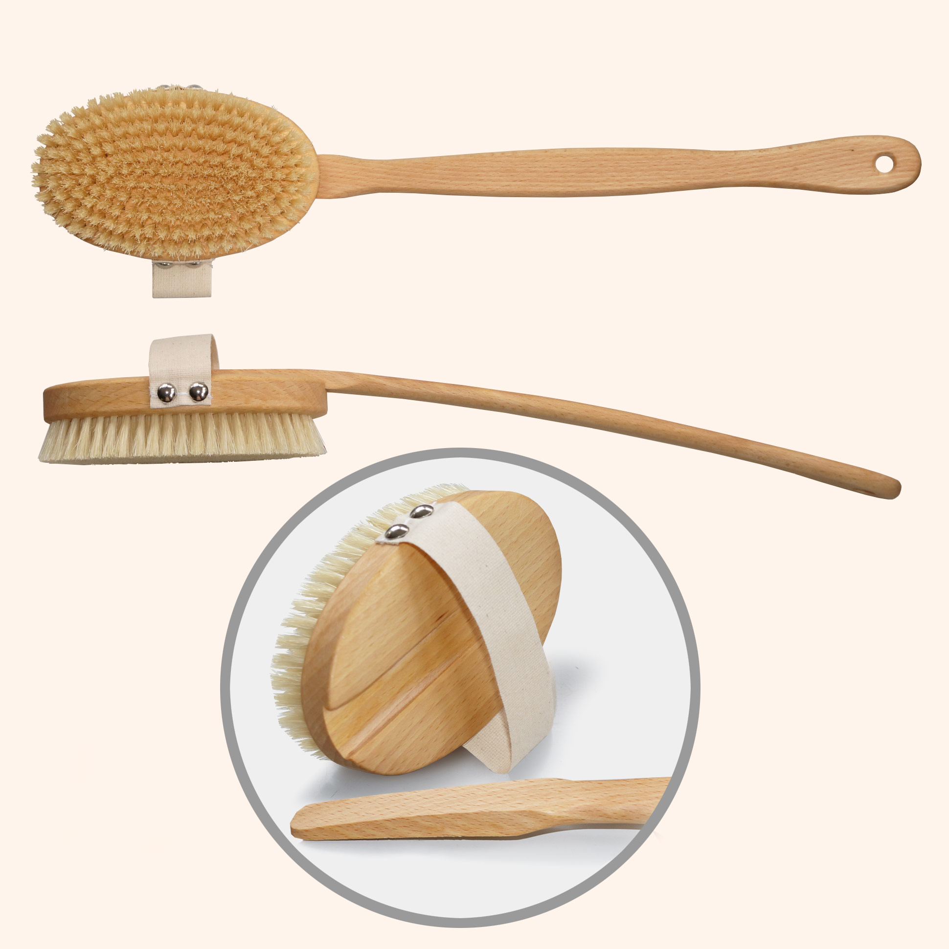 Inizio große Massage-, Sauna- und Badebürste Buche mit kräftigen Naturborsten und abnehmbarem Stiel