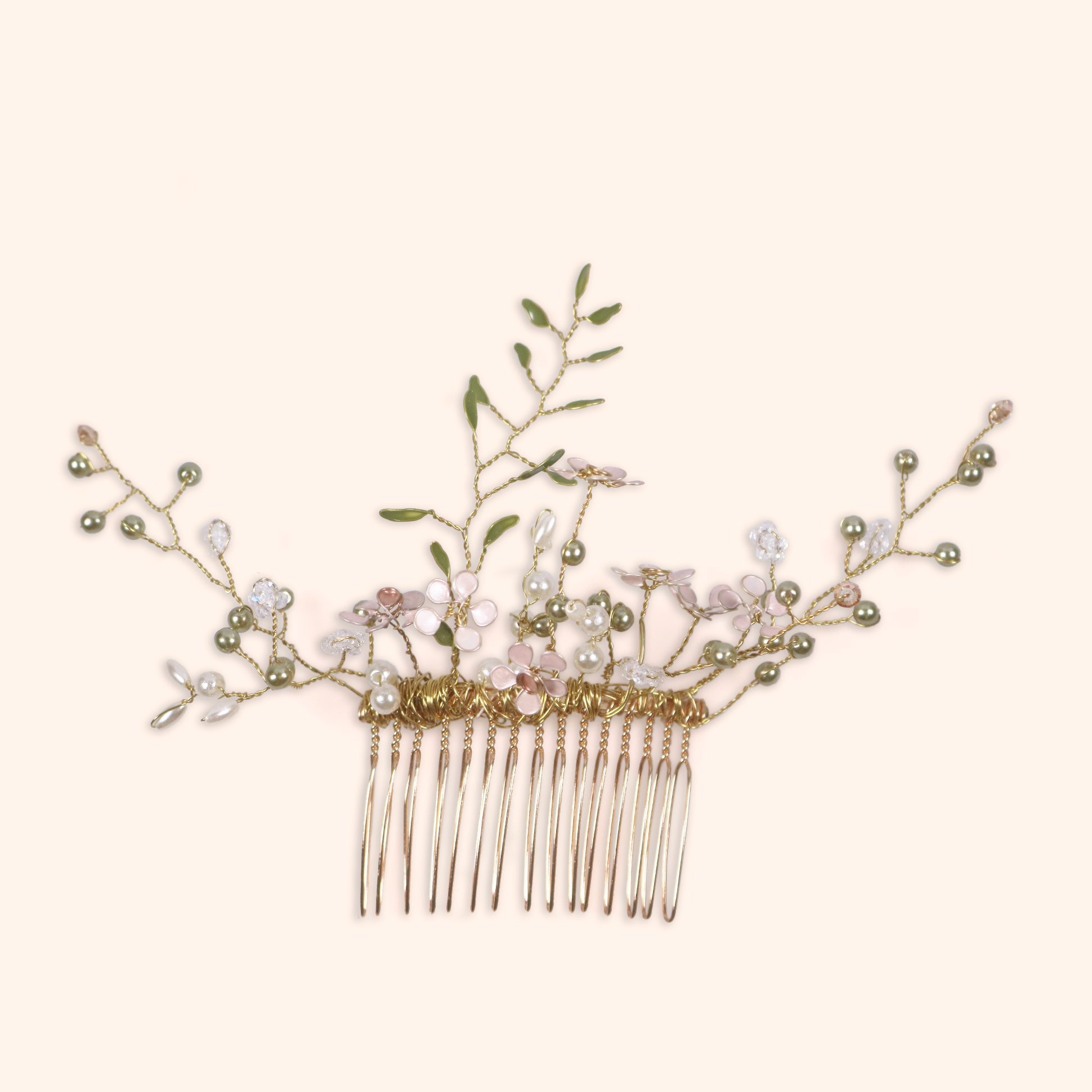 Haarkamm Bacopa zartrosa romantischer Haarschmuck zart altrosa, creme und olivgrün