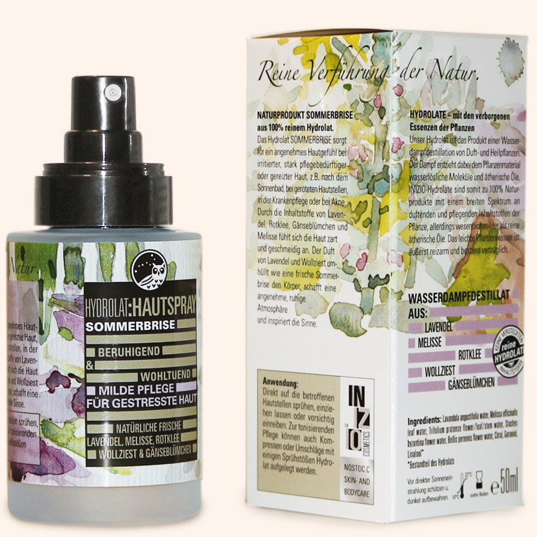 Das Hydrolat Sommerbrise ist ein mildes Gesichtswasser ohne Alkohol zur Reinigung, Klärung, Erfrischung und Pflege. Natürliches Hydrolat Sommerbrise für reine, gesunde Gesichtshaut.
