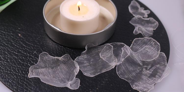 Die Blätter nun rundum vorsichtig an eine Flamme halten. Blüten aus Organza