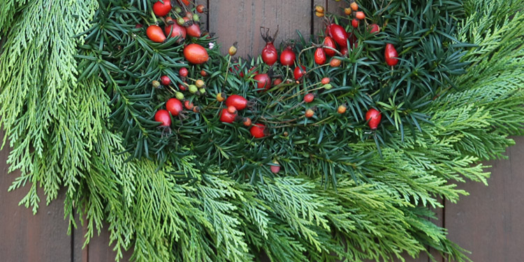 Herbstkranz mit Hagebutten und Eibe Detail schlichter Herbstkranz binden Anleitung Detail